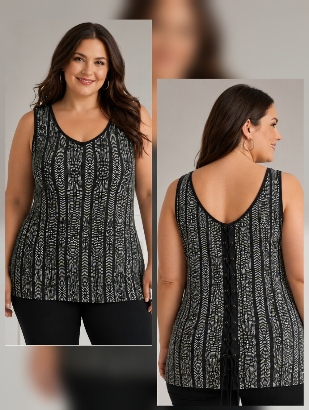 Reitmans Lace-Up Back Sleeveless Tunic Top Black & White Stretch, Plus Size 2X